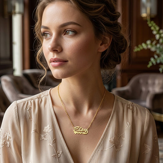 14K Gold Name Plate with Hearts Necklace featuring Second Layer Shadow
