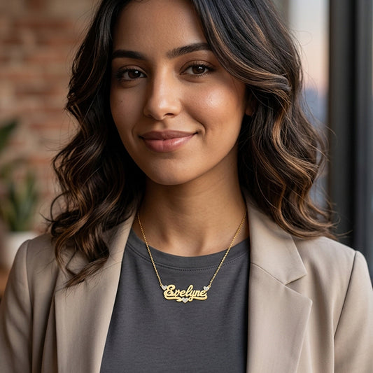 14K Gold and Diamonds Triple Heart Nameplate with Shadowbox Pendant Necklace