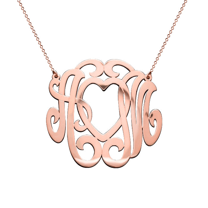 14K Gold Heart and 2 letters Script Monogram Necklace
