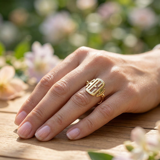 14k Gold 3 Initial Disc Monogram Block Wire Ring | Polished Finish