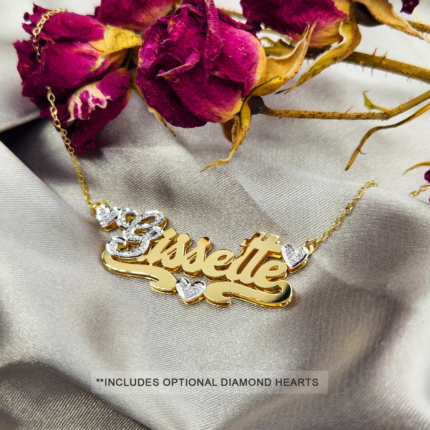 Triple Heart Name Plate Pendant with Diamonds on First Letter | 14K Gold