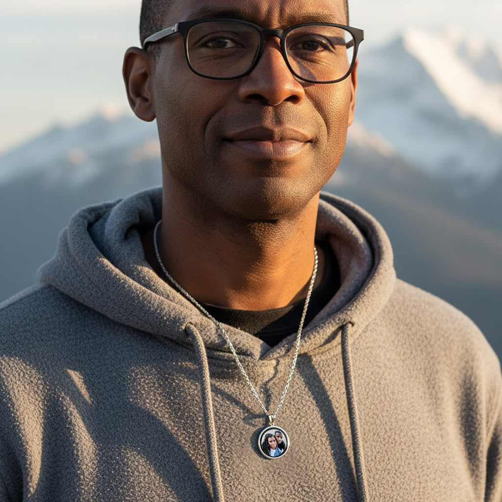 Personalized 14K Gold Picture Pendant - Round Shape with Mineral Crystal and Black Border