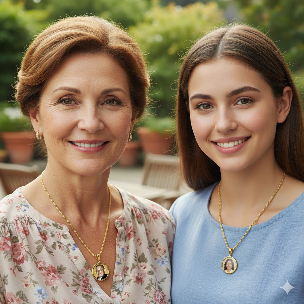 Personalized 14K Gold Picture Pendant - Round Shape with Mineral Crystal