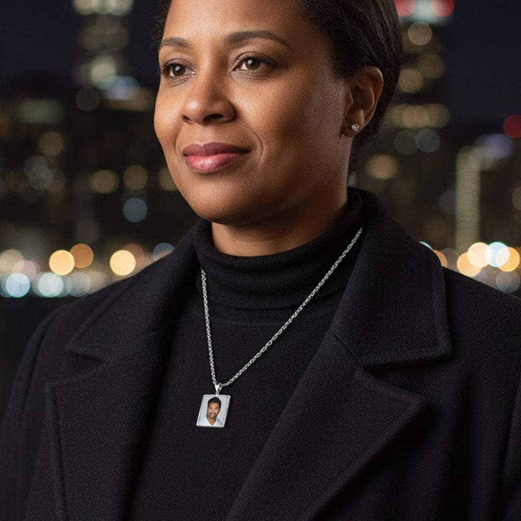 Personalized 14K Gold Picture Pendant - Rectangle Shape with Mineral Crystal and Black Border