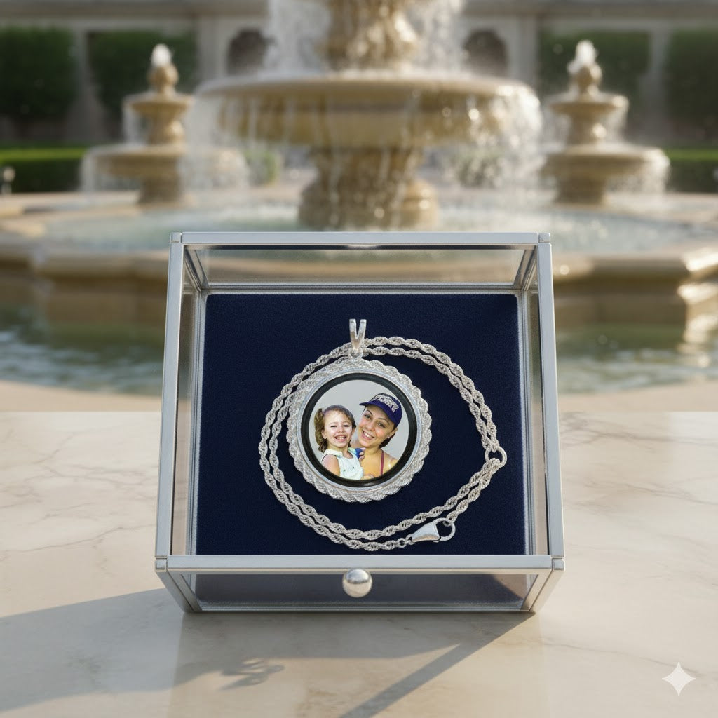 Round Picture Pendant - Round Shape with Rope Chain Frame, Black Border, and HD Laser Printed Custom Jewelry with Your Pictures