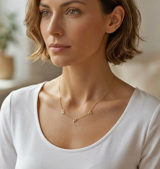 3 Initials Offset Letters Necklace in High Polished 14K Gold