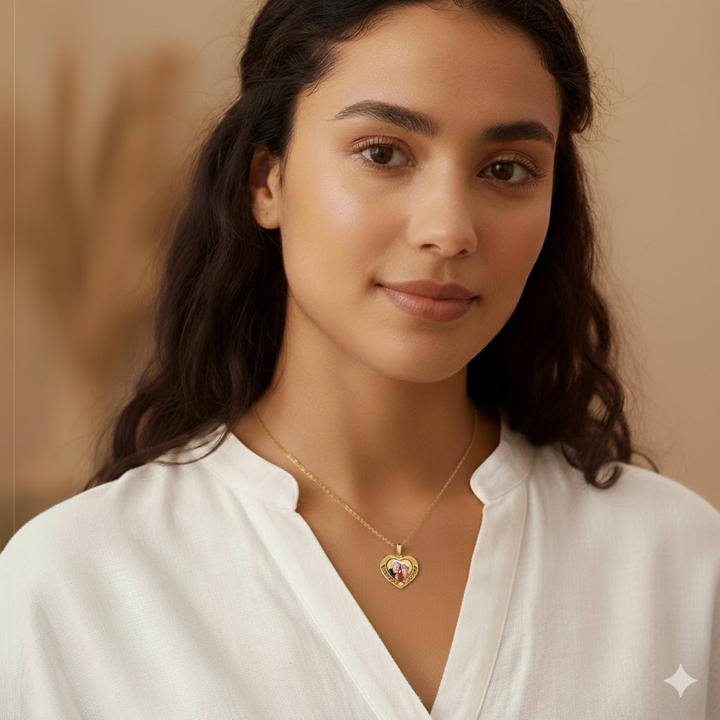 Personalized 14K Gold Picture Pendant - Heart Cut-Out Shape with Name