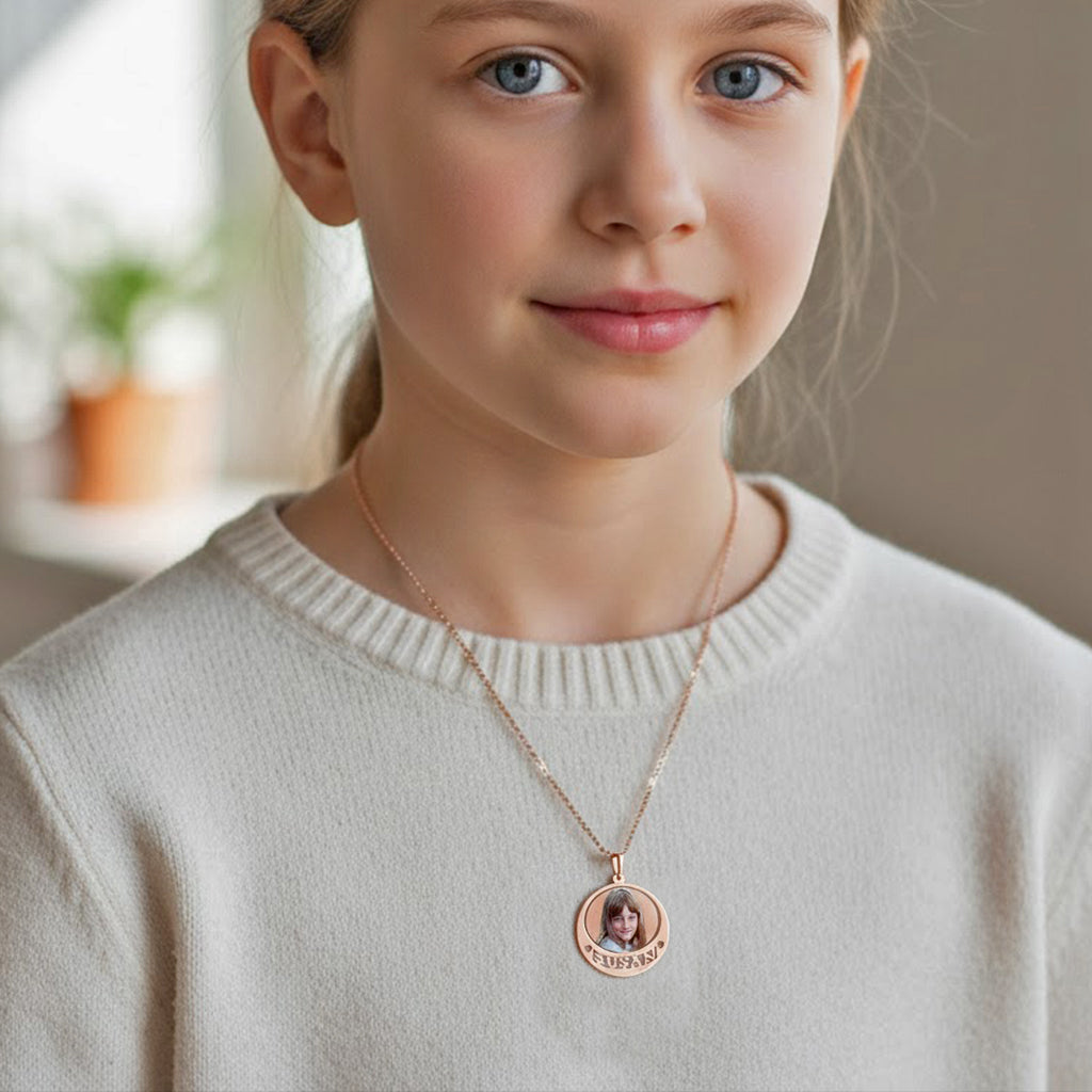 Picture Pendant - Round Shape with Heart Punch-Out and Name Cut-Out for Personalized Photo Charm | Sterling Silver