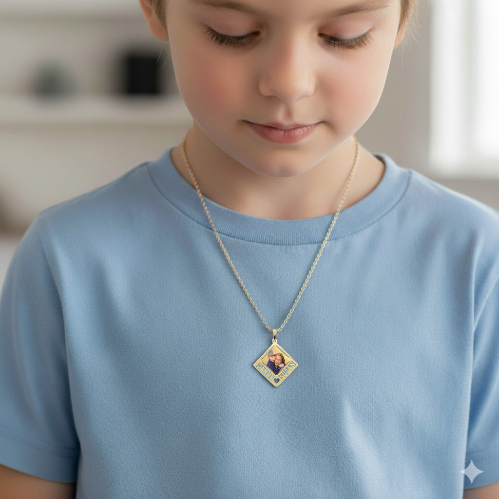 14K Gold Personalized Picture Pendant - Rectangle Shape with Heart Punch-Out and Two Names