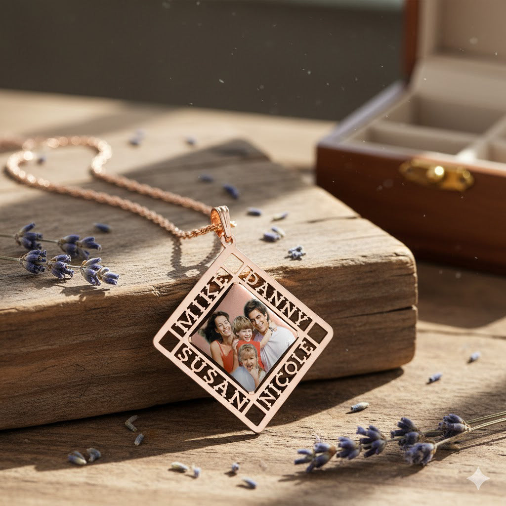 Personalized Picture Pendant with Four Name Cut-Outs - Rectangle Shape | Sterling Silver