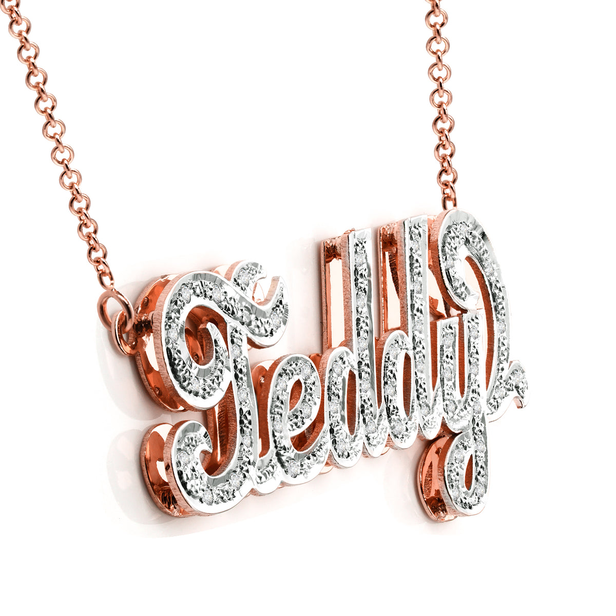 14K Gold Nameplate Necklace with Shadowbox and Full Rhodium Sparkle