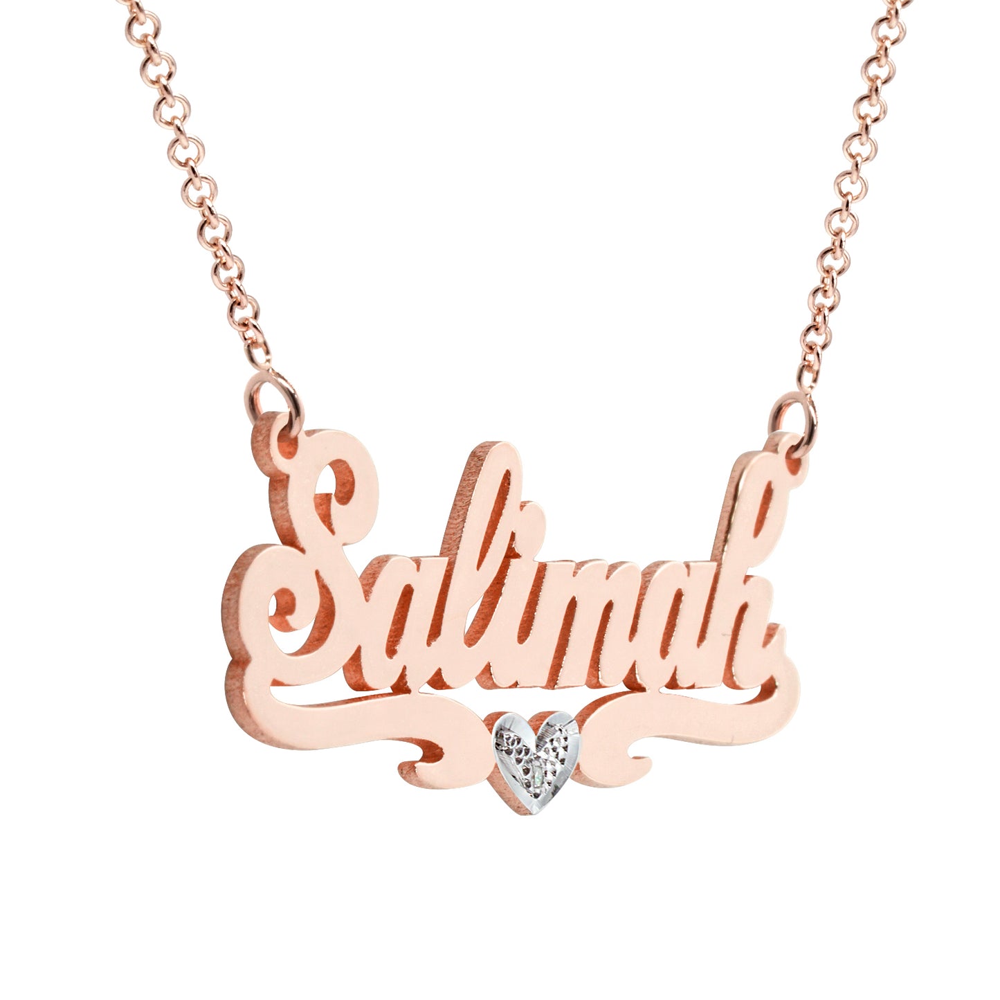 Custom 14K Gold Name Plate Necklace with Diamond on Heart