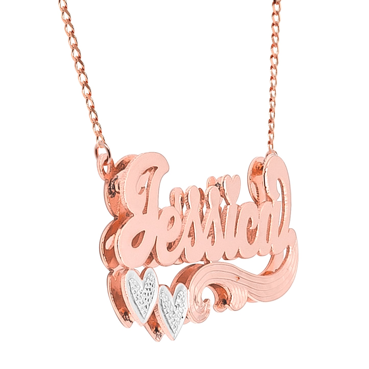 Double Heart Nameplate Curb Chain Name Necklace in 14k Gold with Rhodium Sparkle