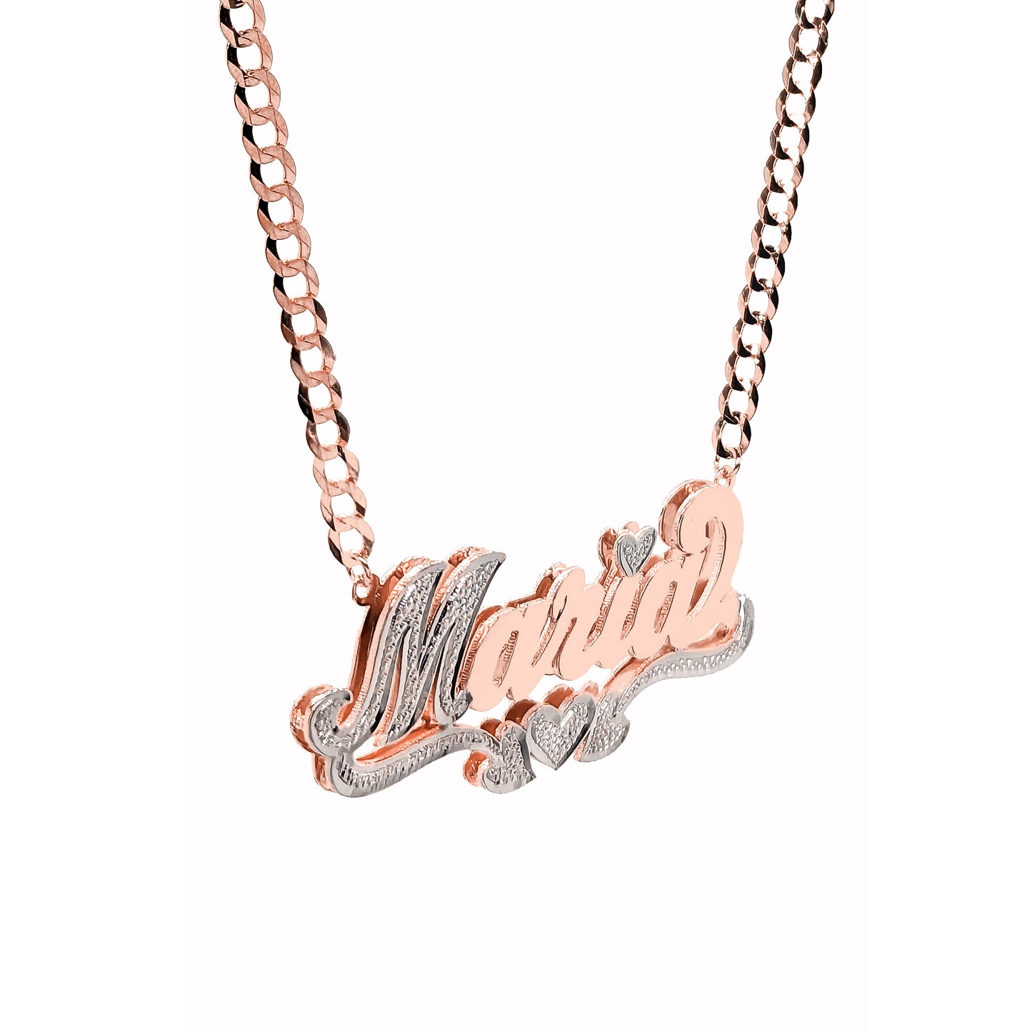 Double Layer Nameplate Pendant with Rhodium Sparkle in 14K Gold and Curb Chain