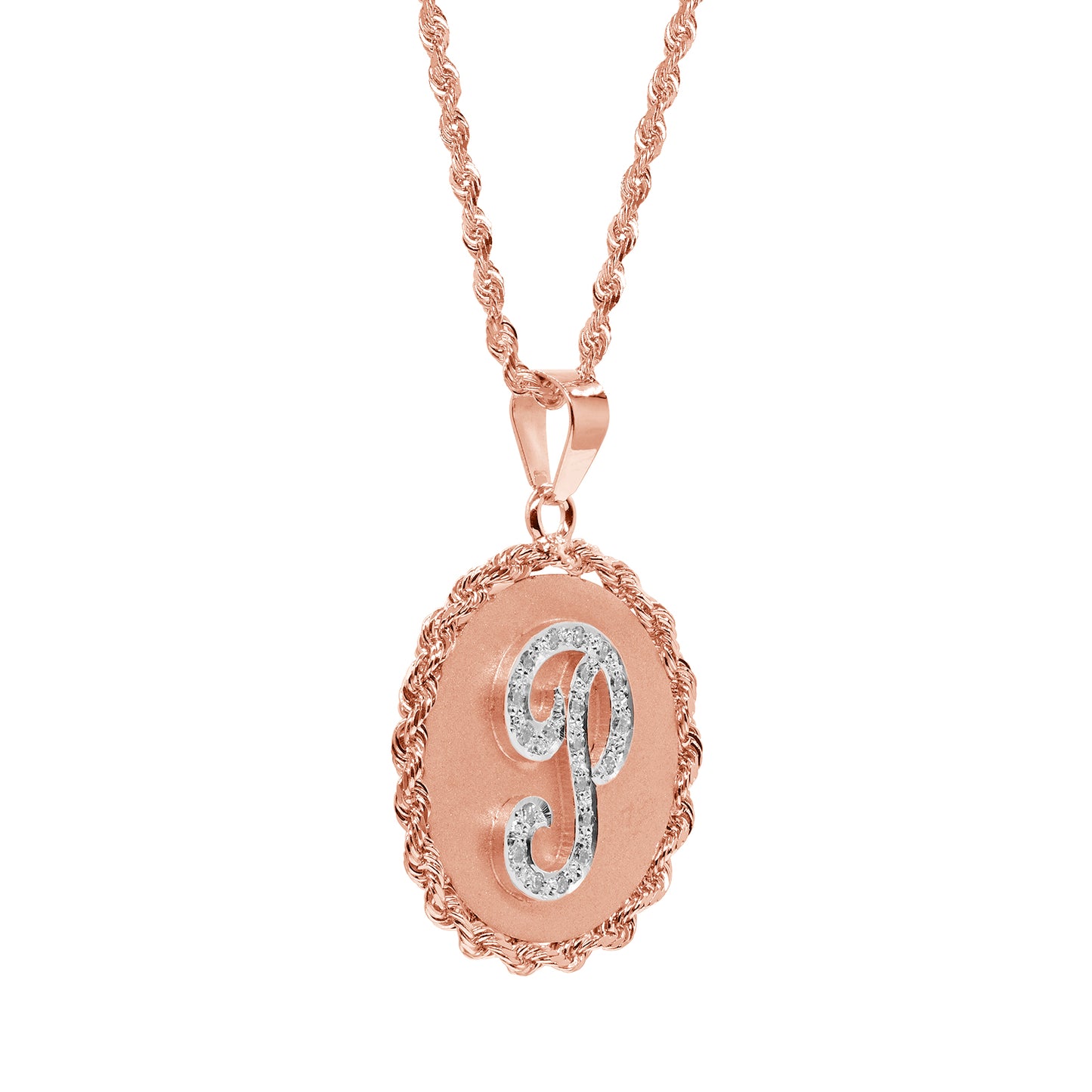 0.50ct Diamonds and High Polished 14K Gold Disc Initial Pendant Charm with Rope Chain Frame