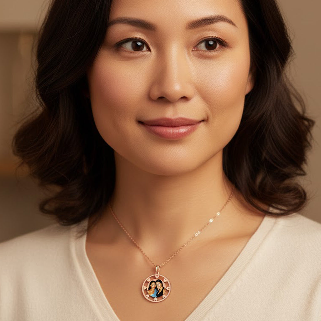 Customizable Picture Pendant - Circle Shape with Hearts Cut Out for Personalized Photo Charm and HD Laser Printed Custom Jewelry | Sterling Silver