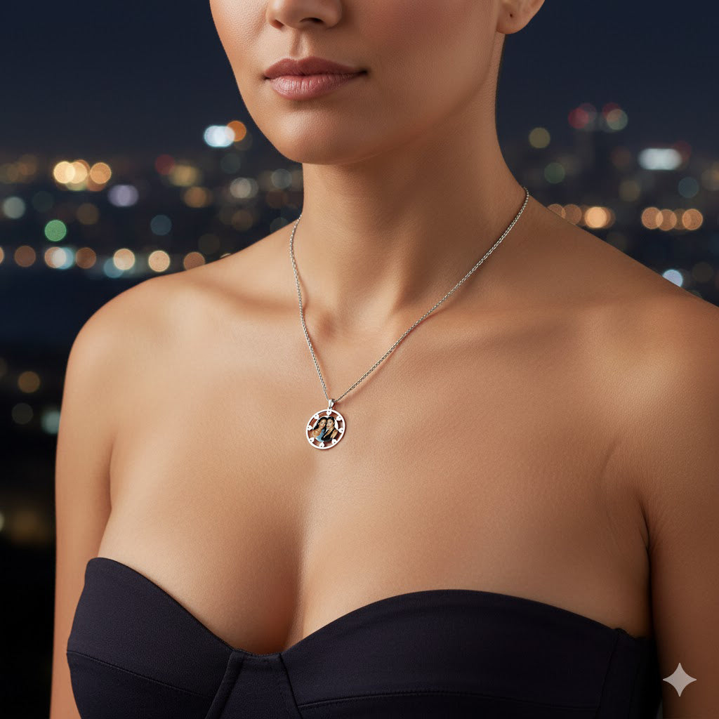 Customizable Picture Pendant - 14K Gold Circle Shape with Hearts Cut Out for Personalized Photo Charm and HD Laser Printed Custom Jewelry