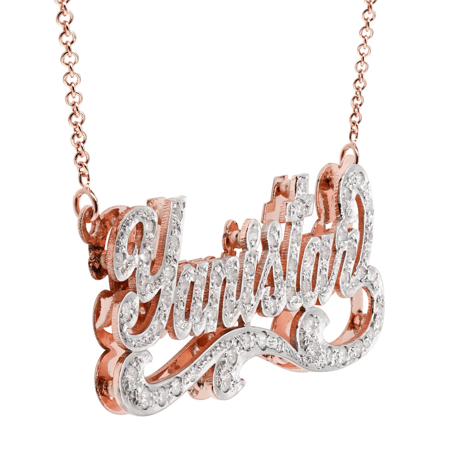 Script Text Double Layered Nameplate with Fancy Tail and Diamonds and 14K Gold