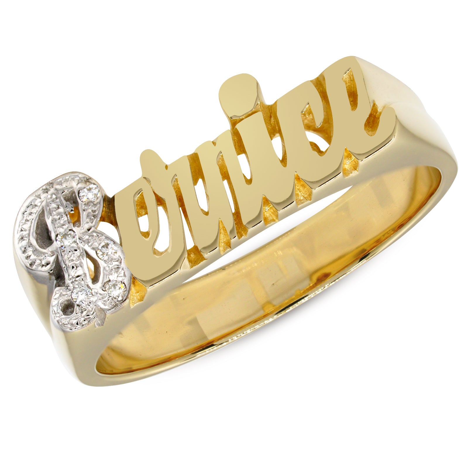 Diamond Custom Nameplate in High Polished 14K Gold Ring