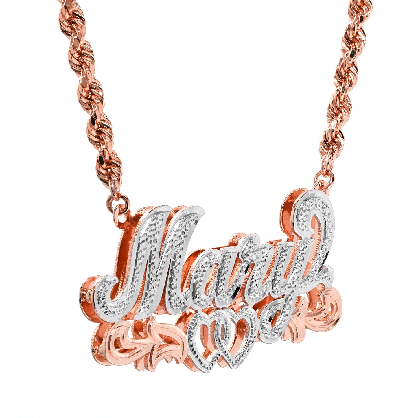 Rhodium Sparkle Nameplate with Double Hearts and Rope Chain in 14K Gold