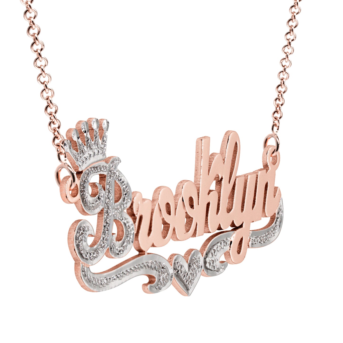 Crowned Nameplate Pendant Necklace with Rhodium Sparkle on High Polished 14K Gold