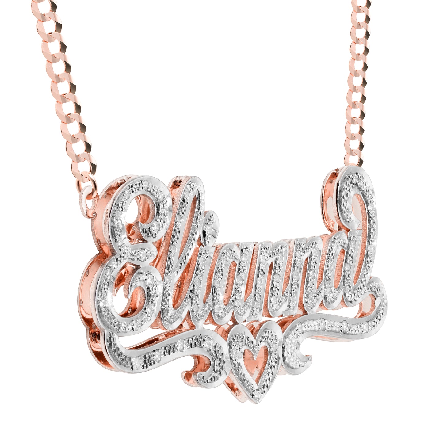 Double Layer Nameplate Necklace with Heart Design and Diamonds and 14K Gold | 2.25 Inches