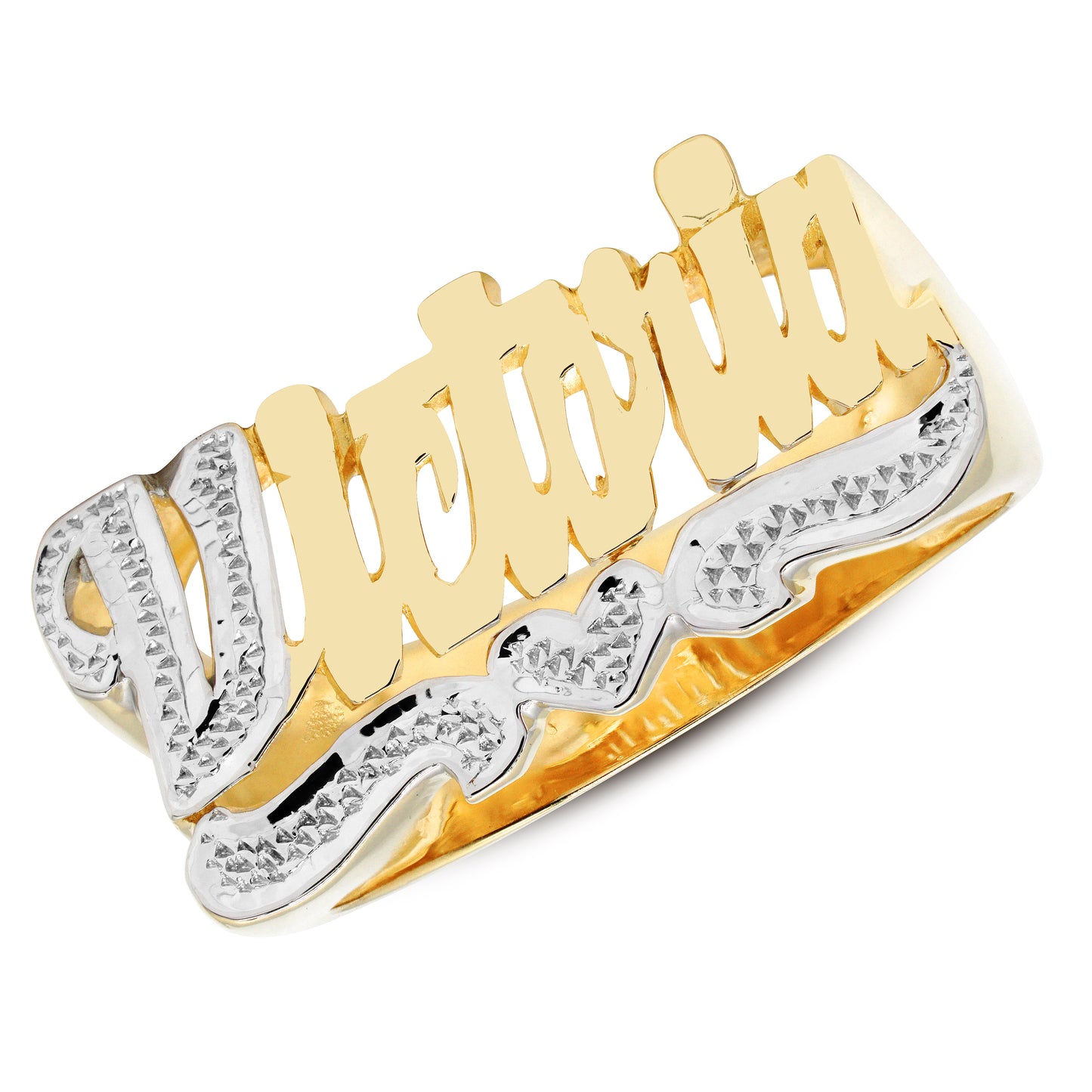 14K Gold Nameplate Ring with Rhodium Sparkled First Letter and Heart and Tail