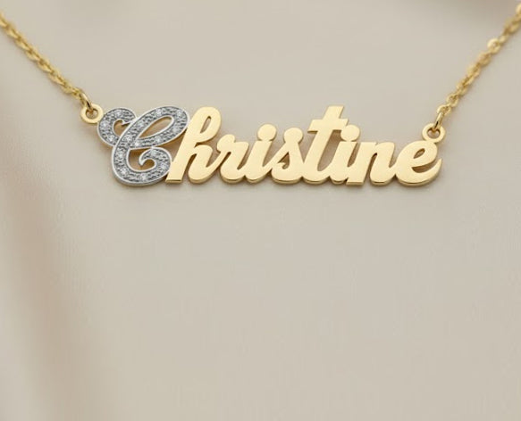 14K Gold Name necklace with first letter in Diamonds
