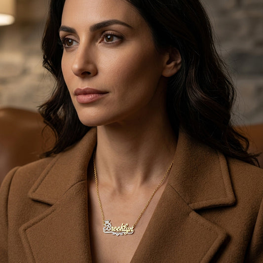 Crowned Nameplate Pendant Necklace with Rhodium Sparkle on High Polished 14K Gold