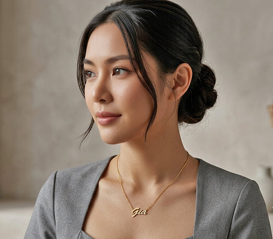 Custom 14K Gold and Diamond Name Necklace with Script Text