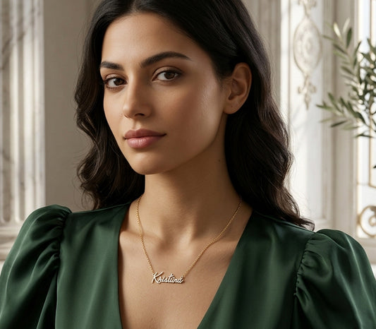 Custom 14kt. Gold Freestyle Script Nameplate Necklace | Rhodium Sparkle!