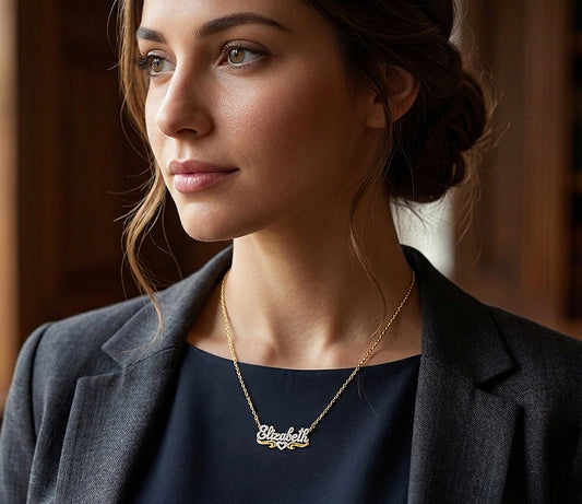 Custom 14kt. Gold Nameplate Necklace Covered in Rhodium Sparkle