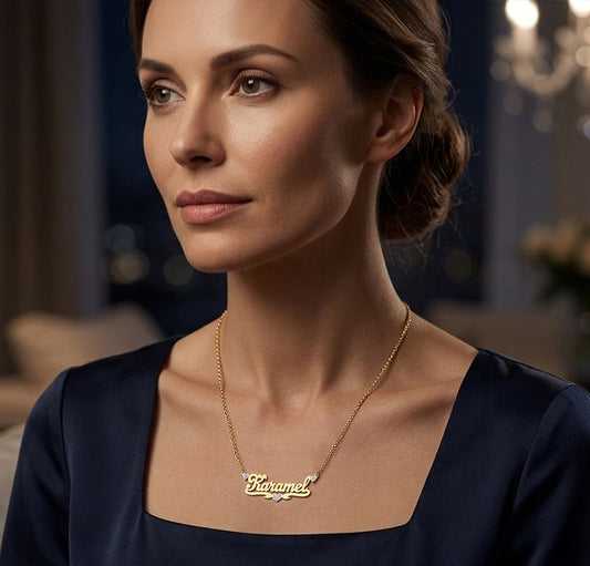 Custom14kt. Gold and Diamond Nameplate Necklace with Heart Flourish with Cable Chain