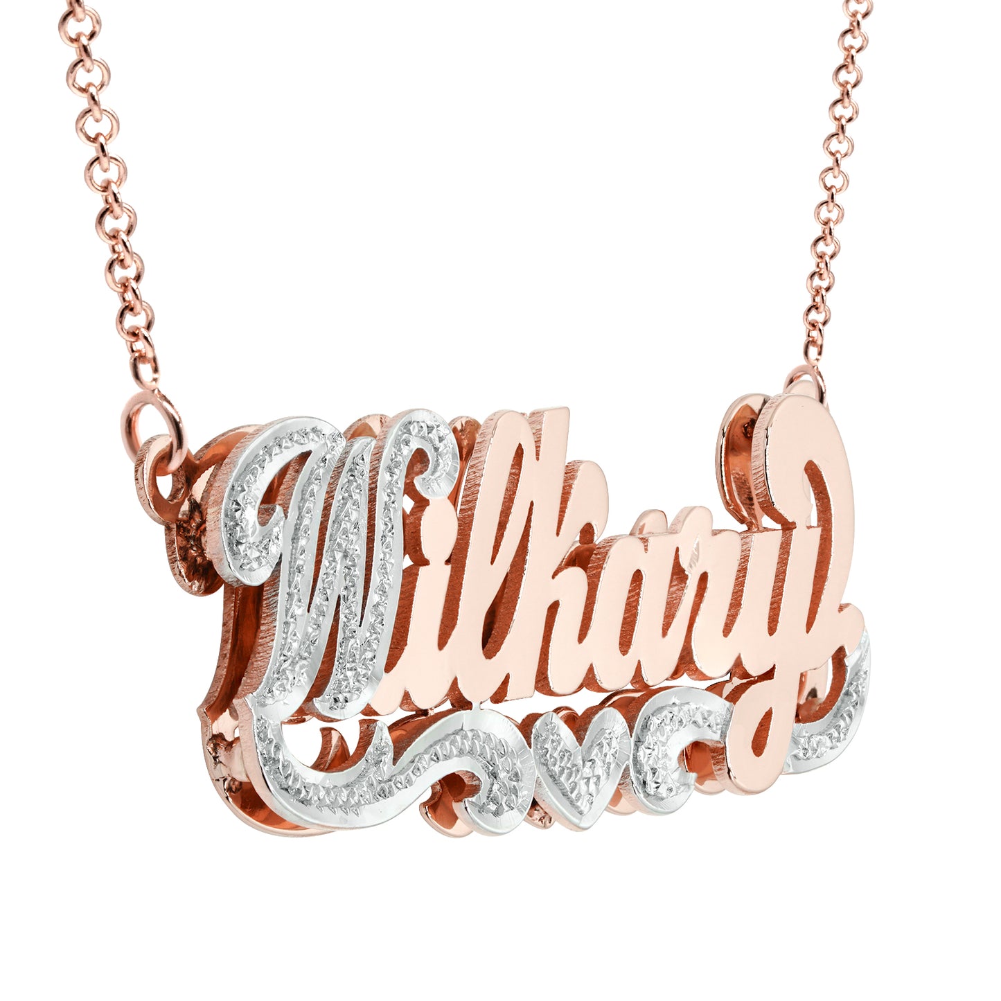 Double Layered Nameplate Necklace with Rhodium Sparkle on First Initial in 14K Gold