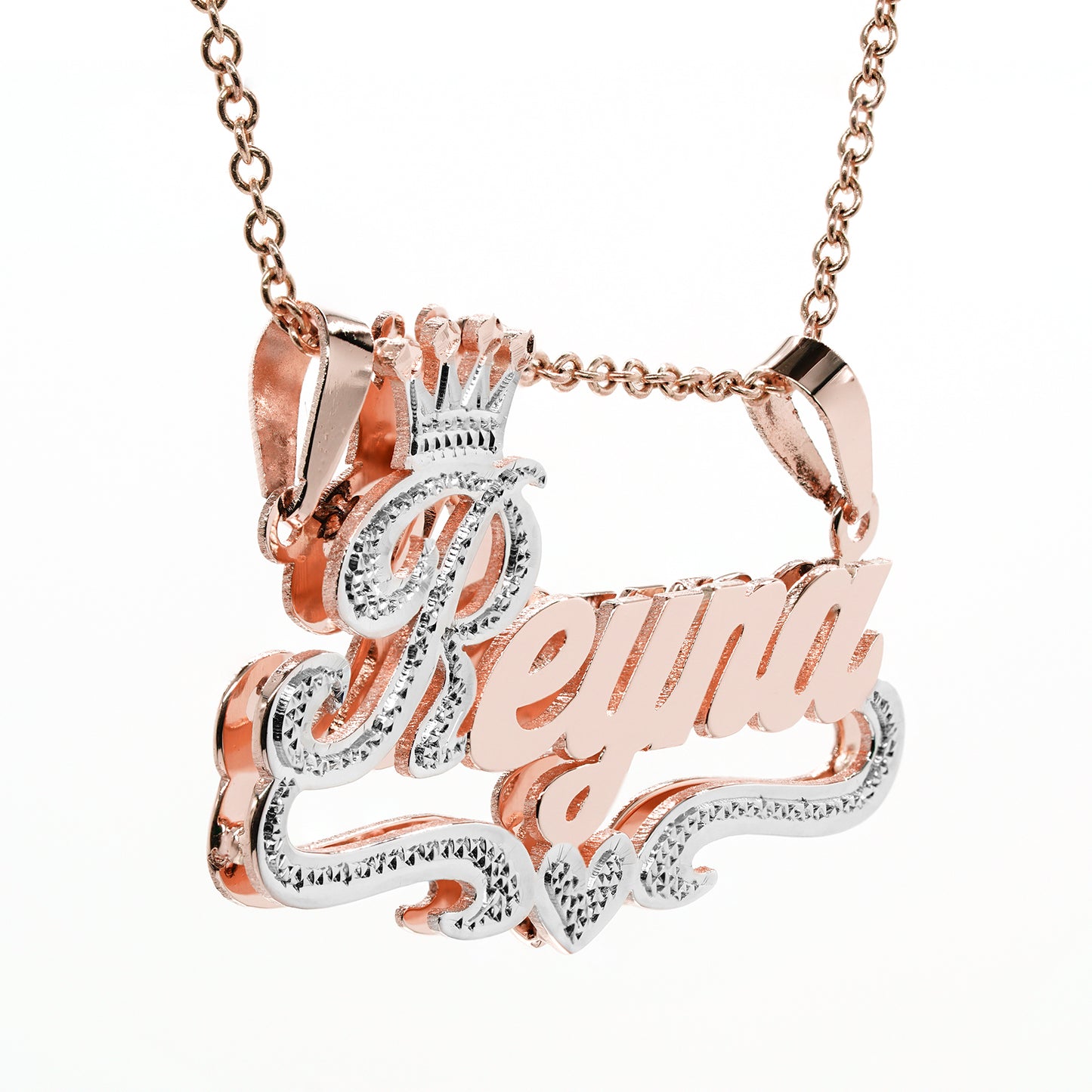 Custom 14K Gold Nameplate Necklace with Crown | Double Bail