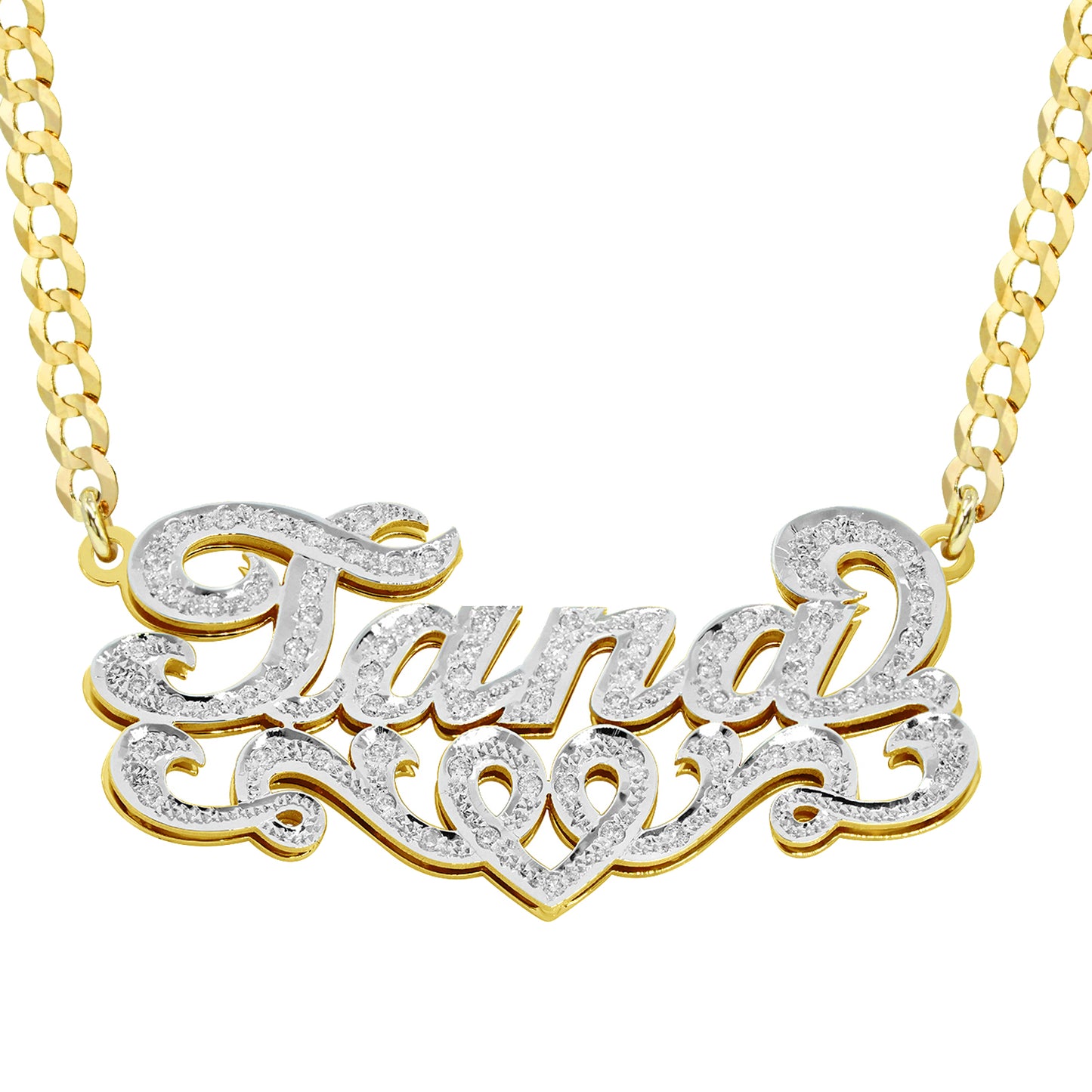 75 Diamonds and 14K Gold Double Name Plate Necklace with Curb Chain | Script Text