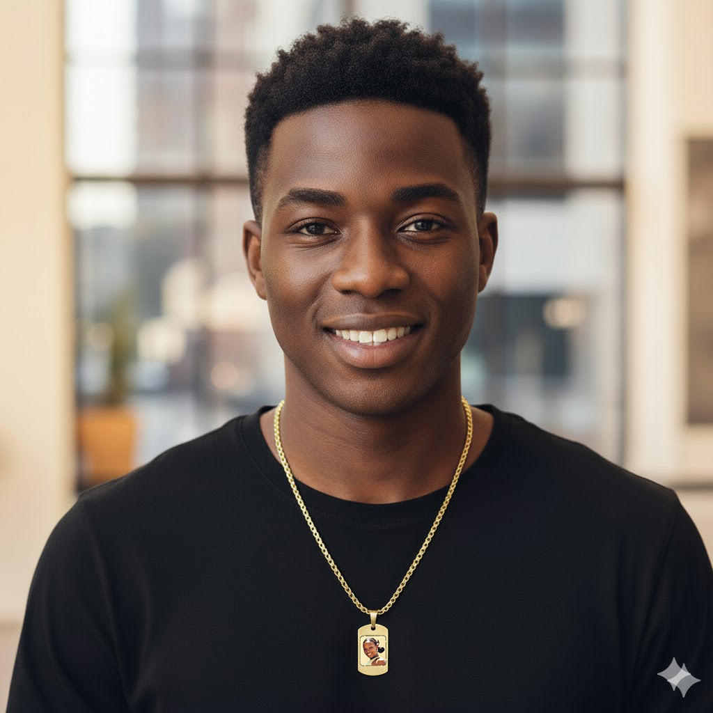 Personalized 14K Gold Picture Pendant Dog Tag with Cut-out Photo Frame Shape