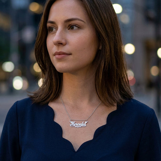Double Layer Nameplate Pendant with Rhodium Sparkle. Double Bails for Attaching Chain