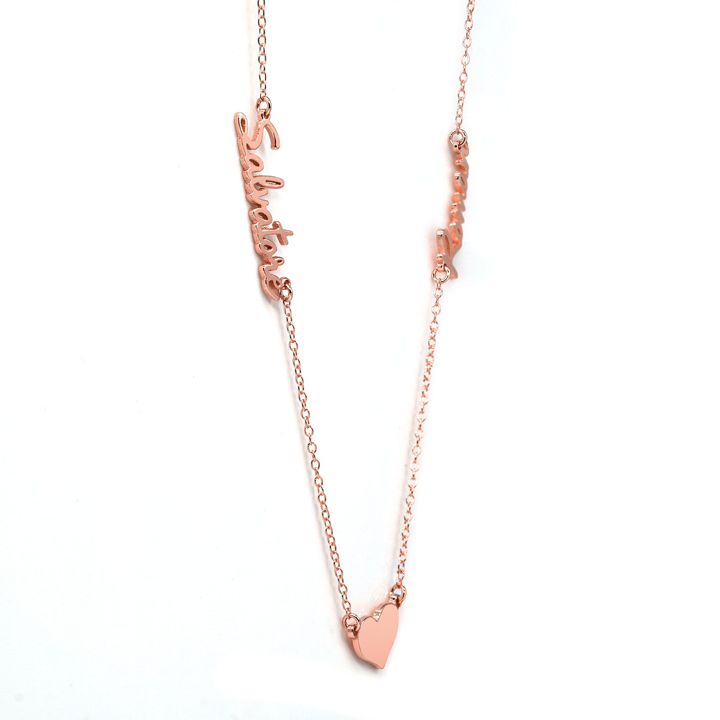 Personalized 2 Name Necklace with Heart Charm in Solid 14K Gold