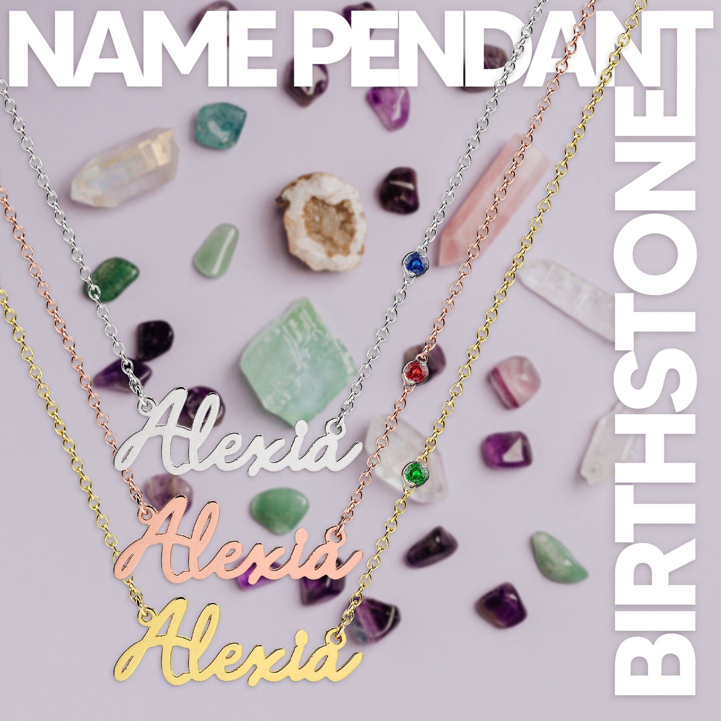 Custom 14K Gold Freestyle Script Text with Birthstone Gemstone on the Chain