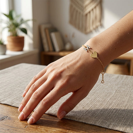 High Polished Heart and Diamond Initial Charm Bracelet in 14K Gold