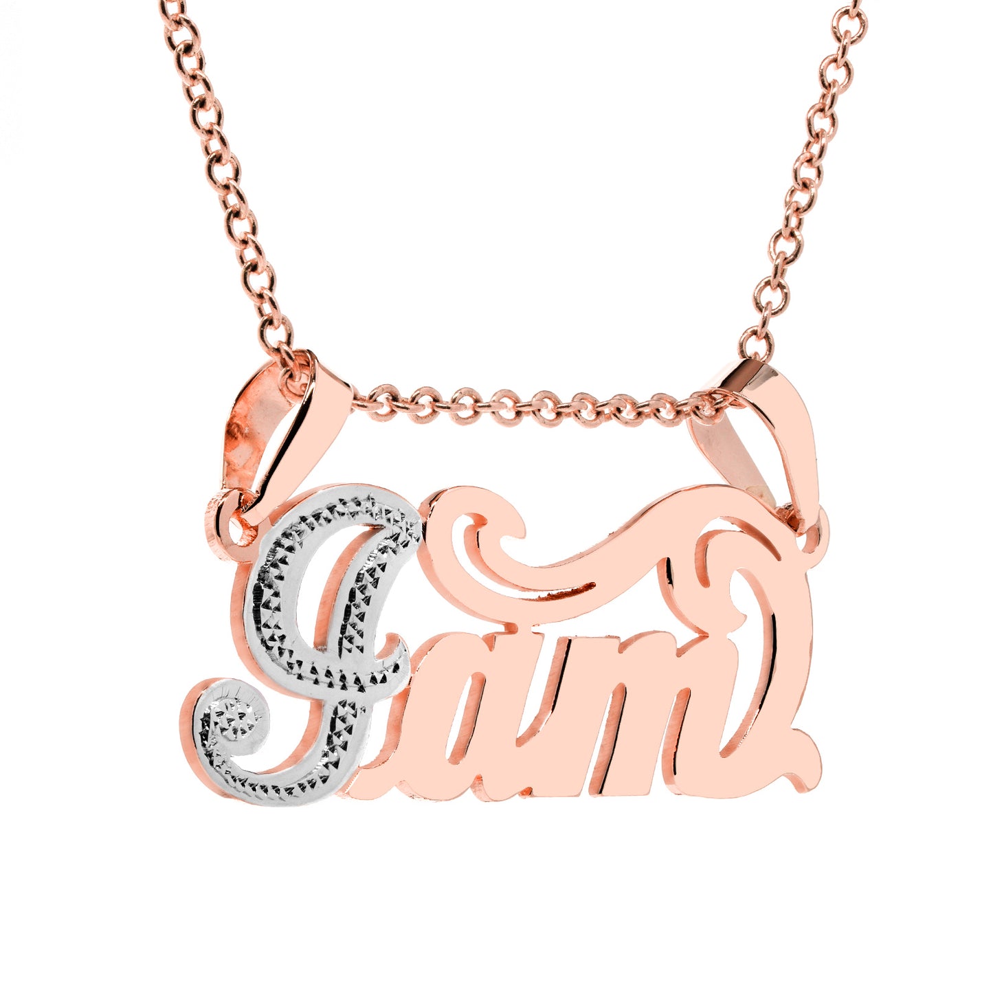 Double Bail Nameplate in 14K Gold with Rhodium Sparkle