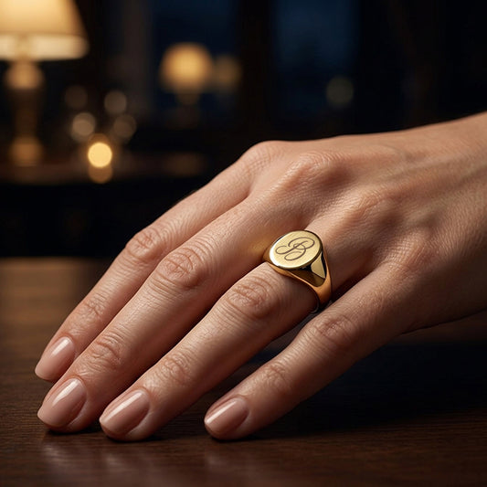 Monogram on 14K Yellow Gold Oval Satin Signet Ring
