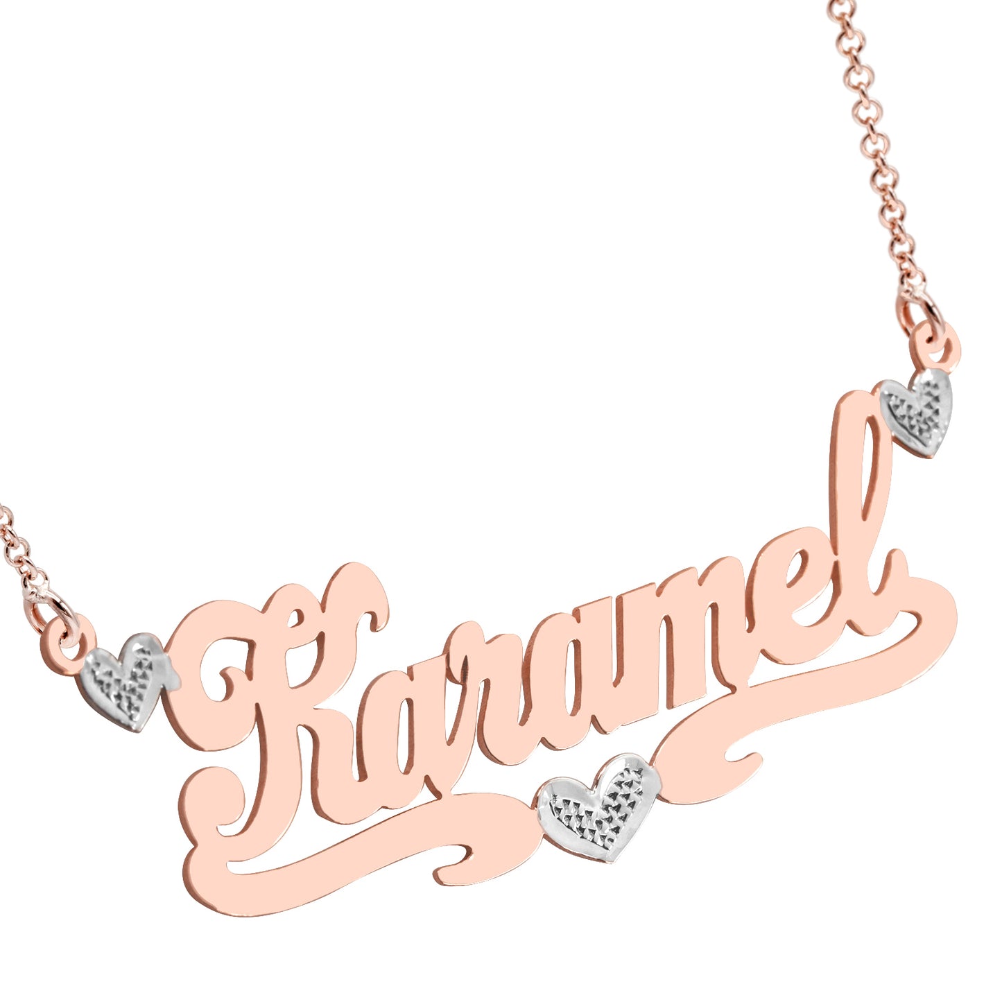 Custom14kt. Gold and Diamond Nameplate Necklace with Heart Flourish with Cable Chain