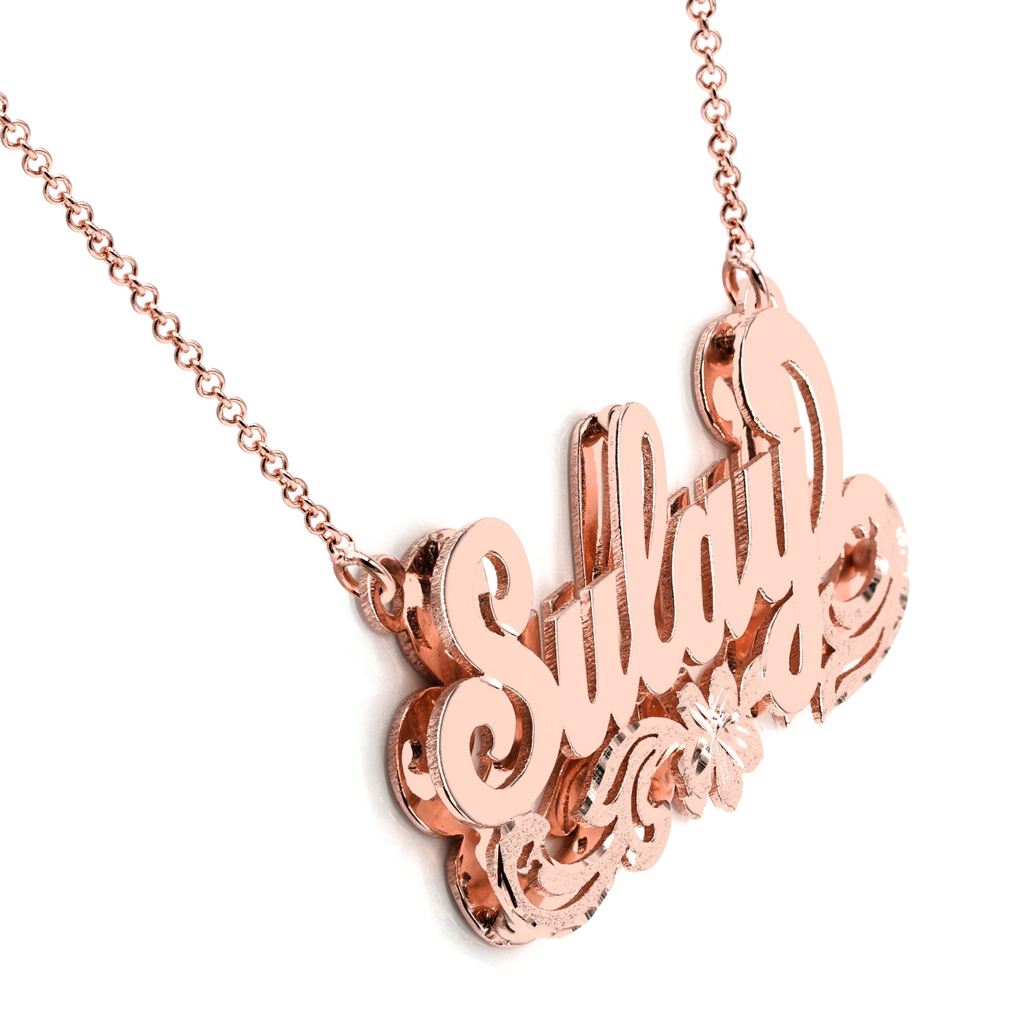 Personalized 14K Gold Double Name Plate and Flower