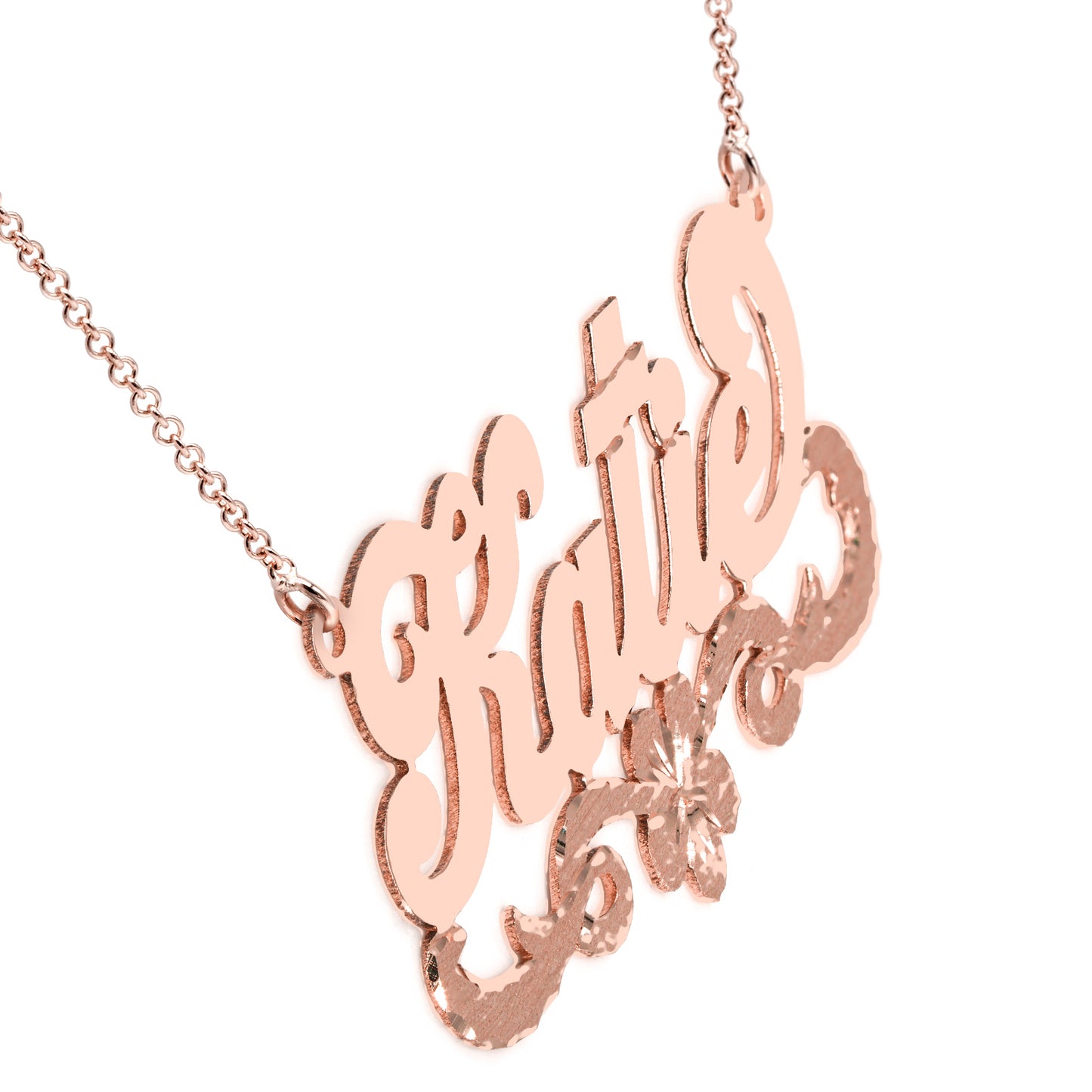 Personalized 14kt. Gold Nameplate Necklace with Flower Flourish | Florentine Finish