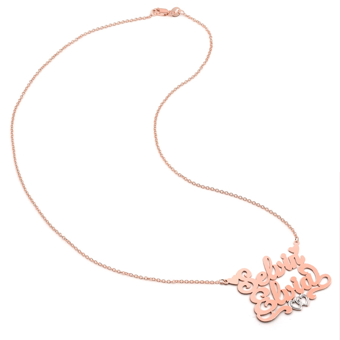 Personalized 2 Name Nameplate Necklace with Hearts in Solid 14K Gold