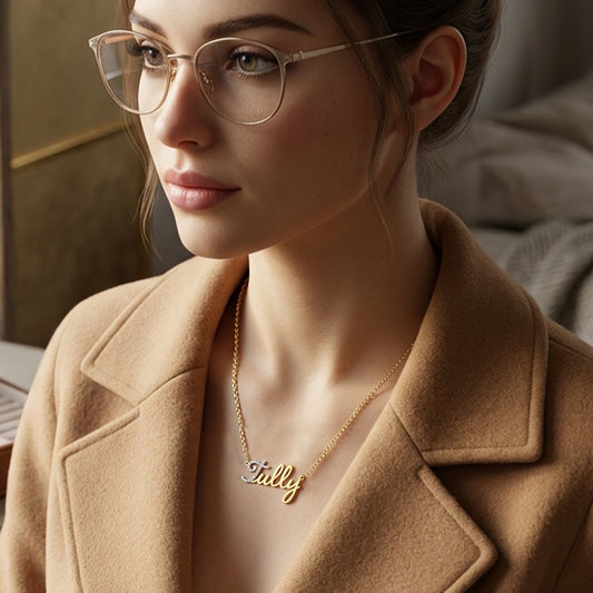 Personalized 14K Gold Freestyle Script Pendant with Diamonds on First Letter