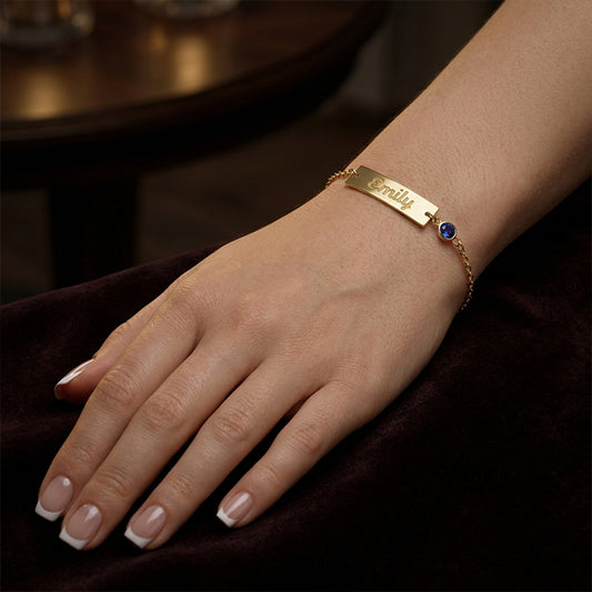 Personalized 14K Gold ID Tag Bracelet with Birthstone