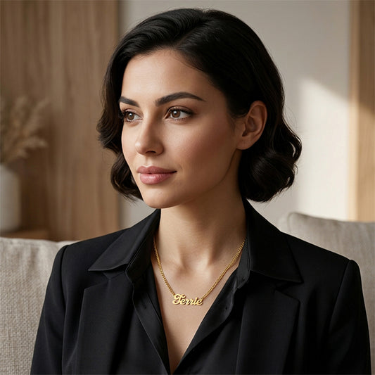 Personalized 14K Gold Script Text Nameplate Necklace with Curb Chain